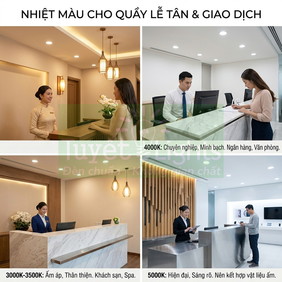 Đèn LED chiếu sáng quầy lễ tân và giao dịch với các mức nhiệt màu 3000K 4000K 5000K